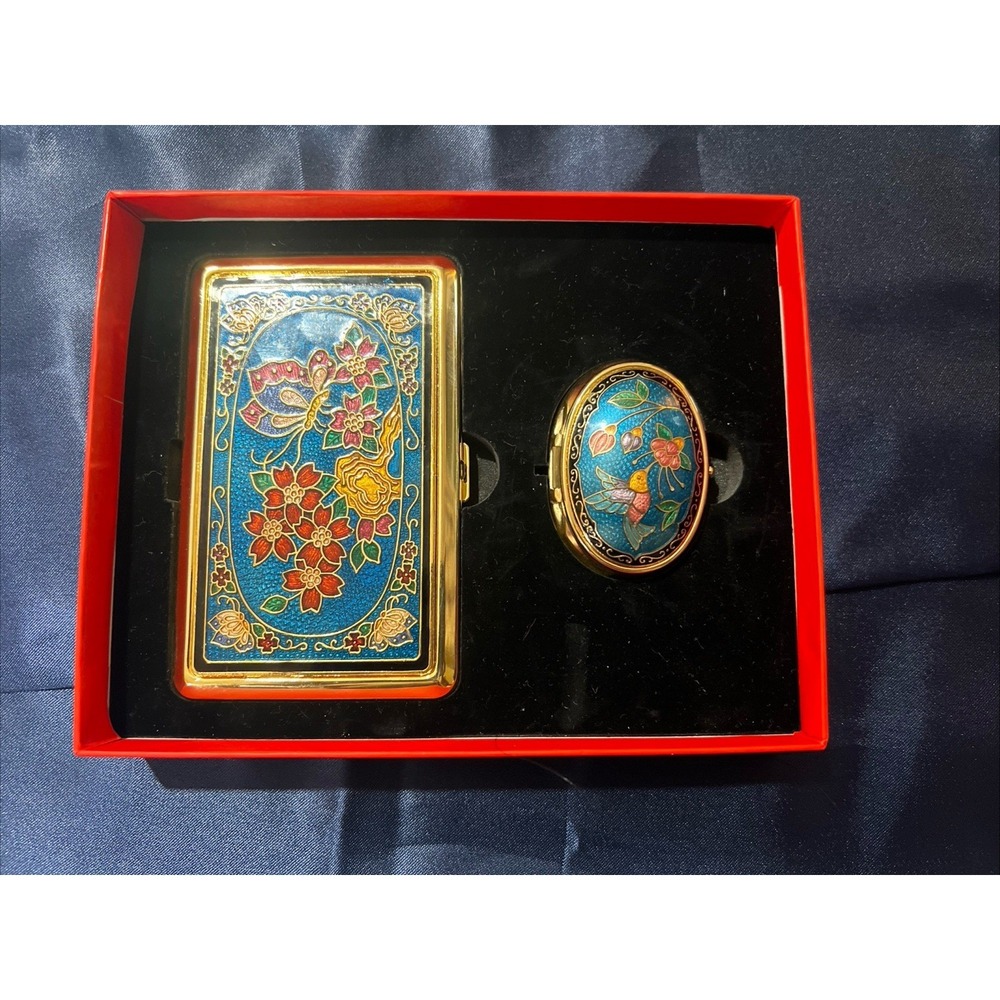 Cloisonne Enameled Hinged Pill And Card Trinket Boxes Butterfly Floral Set Of 2